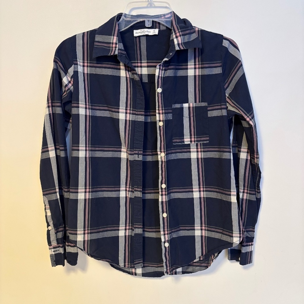 Abercrombie & Fitch Y2K Collared Button Down Shirt Top Blue Pink Plaid Size XS